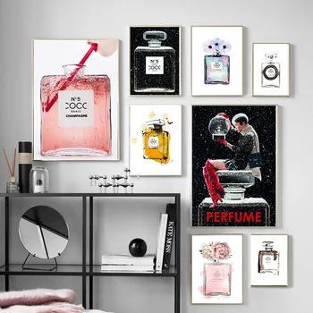 Šiaurės drobės tapybos mados kvepalų buteliuko pink peony plakato spauda citata sienos paveiksl, miegamojo kambarį namuose decora