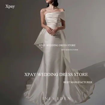 XPAY Modernus Vieno Peties Satino Korėjoje Vestuvių Suknelės nuo Peties Satino Vestuvinės Suknelės Fotografijos Šaudyti Didelis Lankas Nuotakos Suknelė