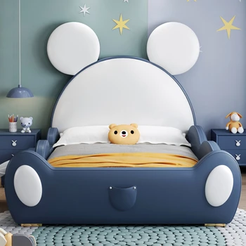 Vaikų lova Cartoon vaikų Berniukas lova italijos minimalistinio Mickey Mouse Pink Mergina su atitvaro slide Blue vieną oda lova