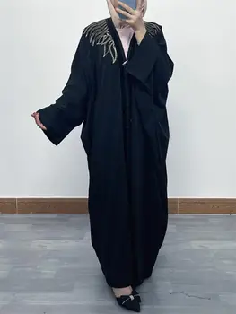 Eid Etninės Abaja Išsiuvinėti Islamo Drabužiai Moterims, Turkija Galabia Juoda Batwing Rankovės Maxi Dydis Kimono Skraiste Femme Musulmane