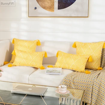 Geltonos spalvos Pagalvėlės Dangtis Geometrinis Drobės Medvilniniai Siuvinėjimo Pagalvę Padengti 45x45cm/30x50cm Dekoratyviniai pagalvių užvalkalai už Sofa-Lova, 2vnt