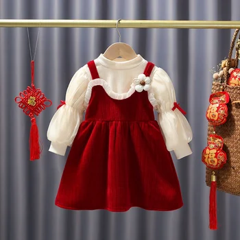 Naujas Mergaičių ilgomis Rankovėmis Suknelė Kūdikių Mergaičių Vakarų Stiliaus Mados Žibintų Rankovėmis Raudona su Aksomo Pamušalu Princesė Suknelė