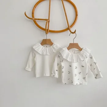 Naują Pavasario Baby Girl T-shirt 0-2Years Naujagimių Princesė ilgomis Rankovėmis Lotoso Žiedo Medvilnės White Tee Gėlių Marškinėliai Viršuje Drabužius
