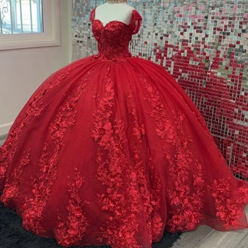 Raudona Blizga Brangioji Quinceanera Suknelės Karoliukai 3DFloral Aplikacijos, Nėrinių nuo Peties Saldus 15 Gimtadienio Kamuolys Chalatai