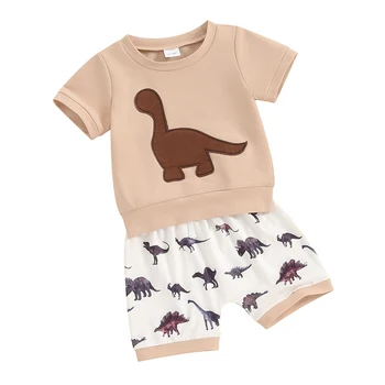 Bamblys Baby Berniukas ir Dinozaurų Drabužius Vasaros Aprangą Kūdikiams trumpomis Rankovėmis Marškinėliai Viršų ir Jogger Šortai Rinkinys 2VNT