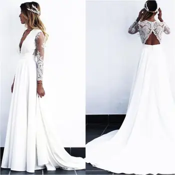 Pigūs Ilgos, Baltos, Lace A-line Wedding Dresses Vestuvinės Suknelės vestido de noiva 2023 su pamatyti per ilgomis rankovėmis