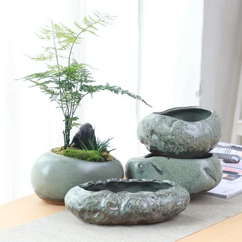 Retro keramikos mažas vazonas kūrybos darbastalio namuose sultingas žalia augalų Wenzhu sandarūs indai Kinų sodas rankų darbo