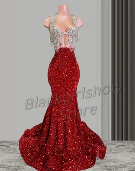 Raudona Vakaro Suknelės Krūtinės Seksualus didelių tuščiavidurių design Diamond aplikacijos Elegantiškas Undinė Sijonu vakarines Sukneles