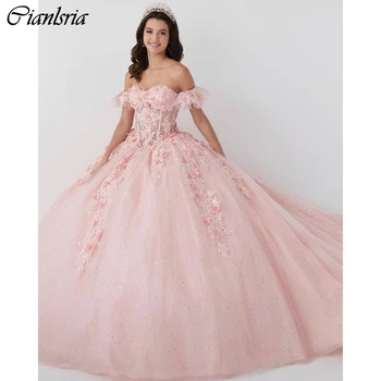 Rožinė Iliuzija 3D Gėlių Nėrinių Kamuolys Suknelė Quinceanera Suknelės nuo Peties Korsetas, Vestidos De 15 Años