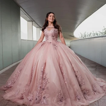 Rožinės spalvos Blizgus Quinceanera Suknelės Meksikos O-Kaklo Nėrinių 3D Gėlių Karoliukai, Uždusęs Kamuolys Chalatai Aplikacijos Prabanga Vestidos De 15