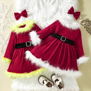 Vaikų Kalėdų Dress Pliušinis Princesė Dress Laivapriekio Kaklaraištis Diržas Cute Girl, Happy New Year Raudona Suknelė 2 Spalvų Pasirinkimas
