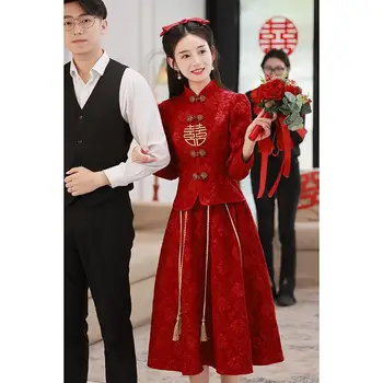 Nuotakos Bordo Derlius Geresnis Paprasta Qipao Xiuhe Kostiumas ilgomis Rankovėmis Sijonas 2VNT Vestuvinė Suknelė, Nauja Kinų Stiliaus Drabužius Taurę