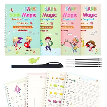 4 Knygos + Pen Magija Kopijuoti Knygos Nemokamai Apliejimo Vaikų vaikams Rašyti Lipdukas Praktika anglų kalba Copybook Už Kaligrafija Montessori
