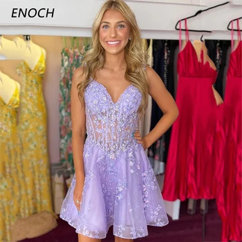 HENOCHAS Modernus-Line Homcoming Suknelės V-Kaklo Spagečiai Dirželiai Rankovių 3D Gėlės Užtrauktukas Atgal Šalis Suknelė Vestidos De Gala Naujas
