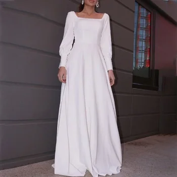 Ramanda Paprasta Aikštėje Apykaklės Klostyti Vestuvių Suknelė Moterims Elegantiškas A-Line Bridal Šalis, Chalatai Valymo Traukinio