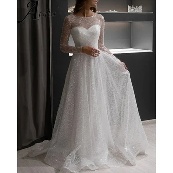 Sparkly Apvalios Kaklo Vestuvių Suknelė ilgomis Rankovėmis Nuotakos Suknelės-Line Baltos spalvos Blizgančiais Elegantiškas ir Gana Moterų Suknelės Vestido