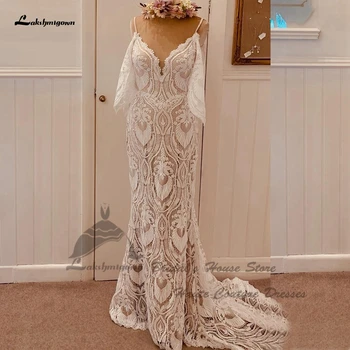 Lakshmigown Plius Dydis Nėrinių Boho Vestuvių Suknelės, Mermaid Stiliaus 2024 Vestidos Paprasta Paplūdimio Vestuvių Suknelės, Spagečiai Dirželiai