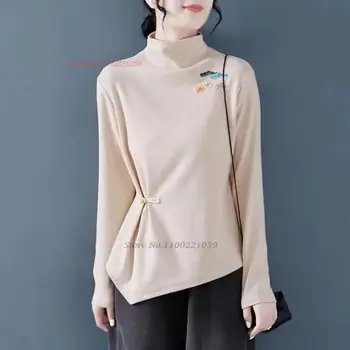 2024 m. kinijos derliaus bazės marškinėliai nacionalinės gėlių siuvinėjimas hanfu viršūnes stovėti apykaklės, marškinėliai rytų vintage marškinėliai streetwear