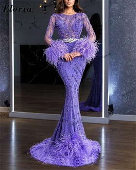Artimųjų Rytų Violetinė Ilgomis Rankovėmis Prom Dresses Moterų Duobute Diržo Undinė Raudonojo Kilimo Ir Tūpimo Tako Suknelė Dubajus Couture Vakarinę Suknelę