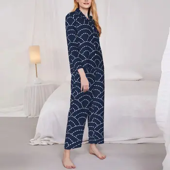 Mėlyna Seigaiha Banga Pajama Komplektai Japonų Meno Romantiška Sleepwear Moterys Ilgomis Rankovėmis Atsitiktinis Miegamasis 2 Gabalus, Naktiniai Drabužiai Didelis Dydis